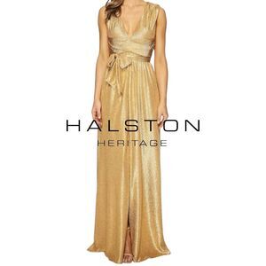 Halston Heritage Sleeveless V Neck Jersey Gown Wrap Tie Front Slit Size XS